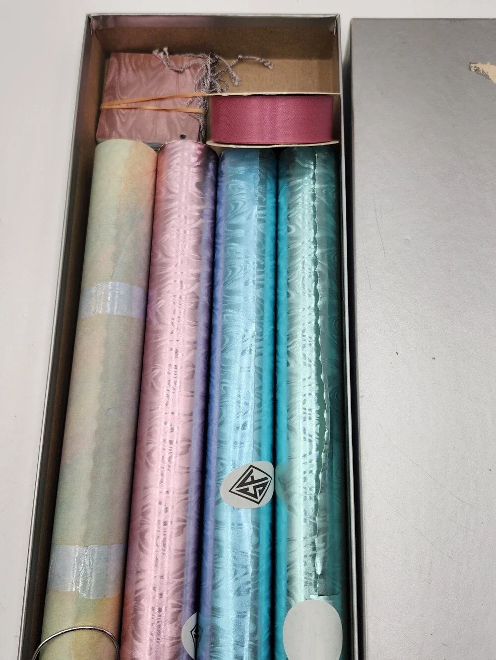 Vintage BOX SALLY FOSTER NEW Metallic Gift Wrap Rolls CARDS RIBBON SET